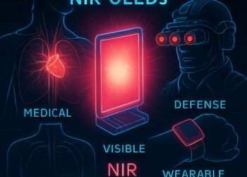 Visual representation of Ultrahigh-Radiance NIR OLEDs in use across medical, defense, and wearable applications