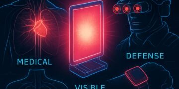 Visual representation of Ultrahigh-Radiance NIR OLEDs in use across medical, defense, and wearable applications