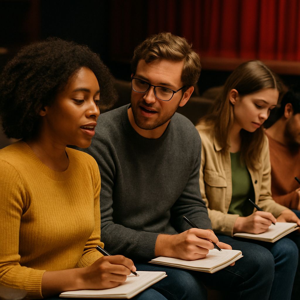 Audience members sharing thoughts or journaling post-performance