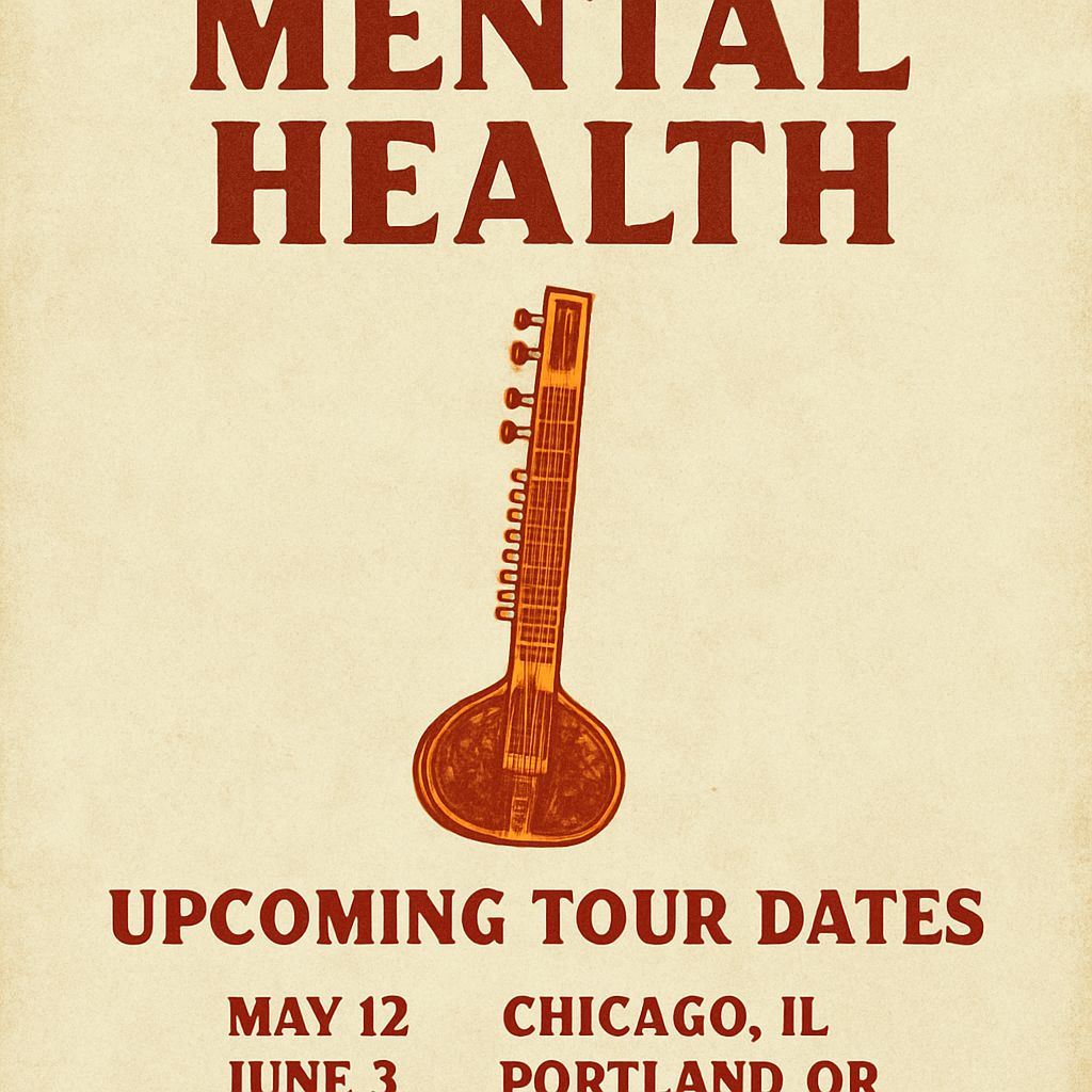 Poster or flyer of upcoming tour dates with "Sitar for Mental Health" title