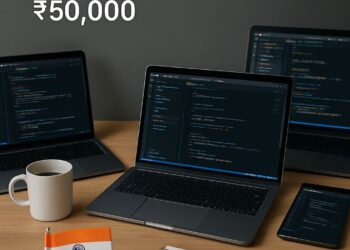 Best budget laptop for programming India 2025 under ₹50,000 showing laptops with code editors on screen in a professional workspace