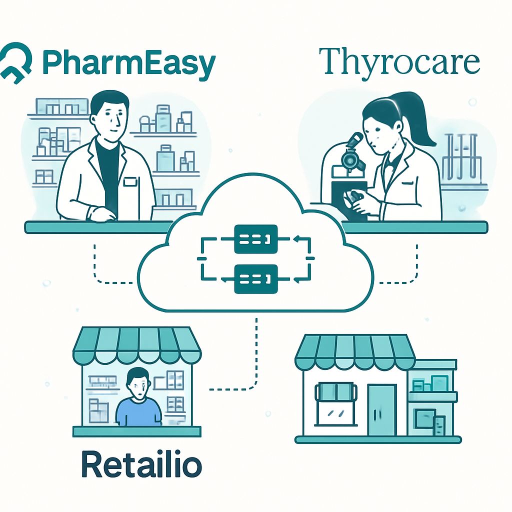 Illustration showing PharmEasy, Thyrocare, and Retailio interconnected through cloud-based microservices architecture, highlighting IBM Instana API Holdings digital healthcare ecosystem.