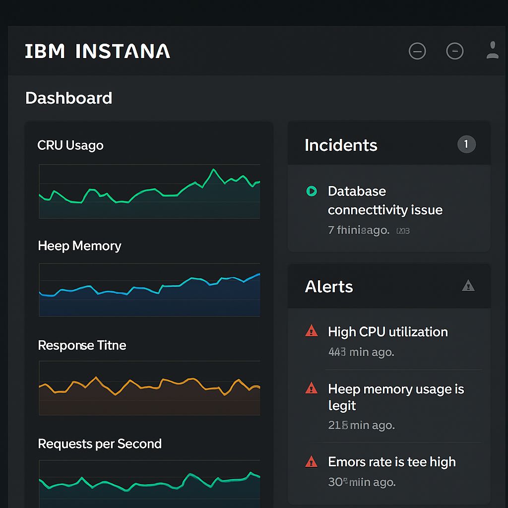  Dashboard mockup of IBM Instana displaying real-time metrics and incident alerts for API Holdings digital healthcare platforms.