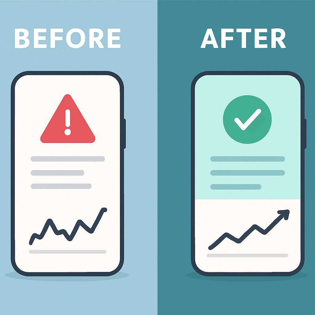 Split screen illustration showing “Before” and “After” scenarios of app monitoring using IBM Instana for API Holdings digital healthcare services.