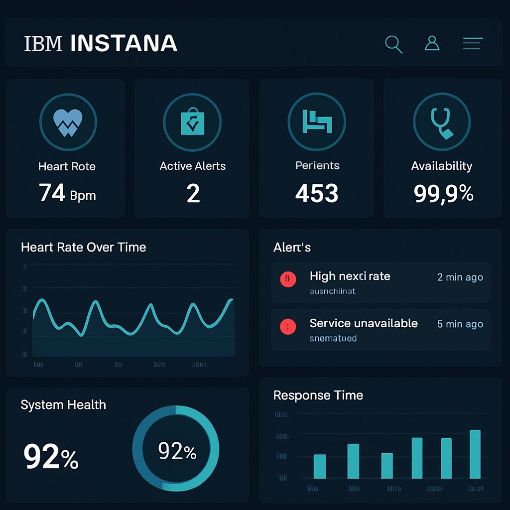 IBM Instana monitoring dashboard showcasing a healthcare-focused user interface for API Holdings digital health platforms.
