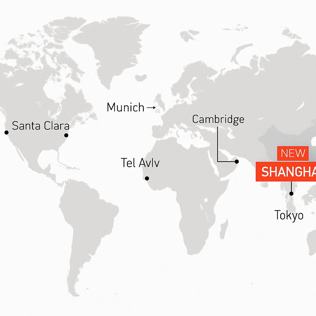 make a image Map showing Nvidia’s global R&D locations, highlighting the new Shanghai site in China