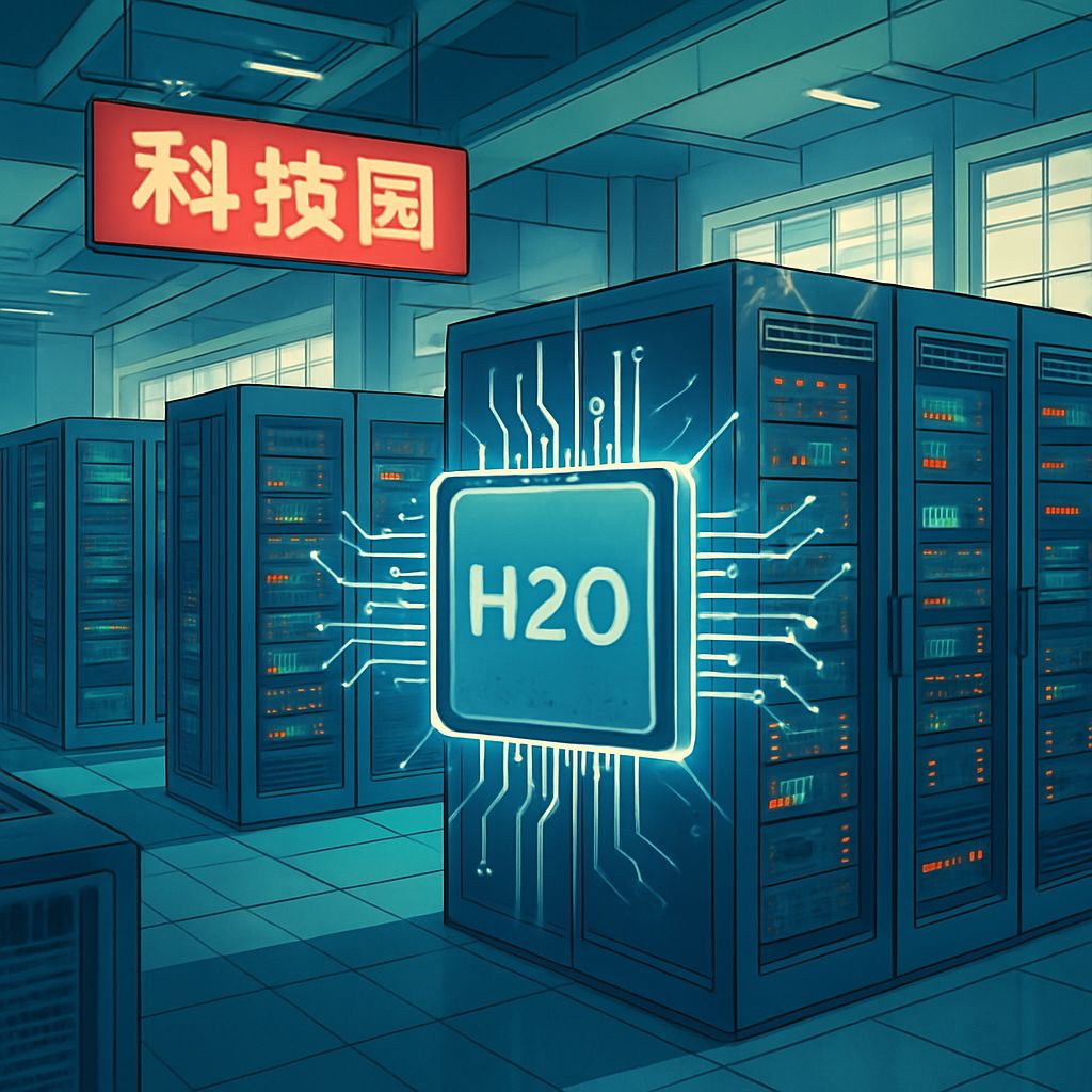 Illustration of a server room in a Chinese tech park featuring overlays of Nvidia H20 chips