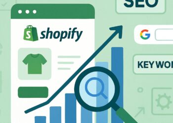 Illustration of a Shopify online store dashboard with rising SEO charts, keyword icons, Google search elements, and optimization checklists in green, white, and blue tones representing SEO growth and strategy