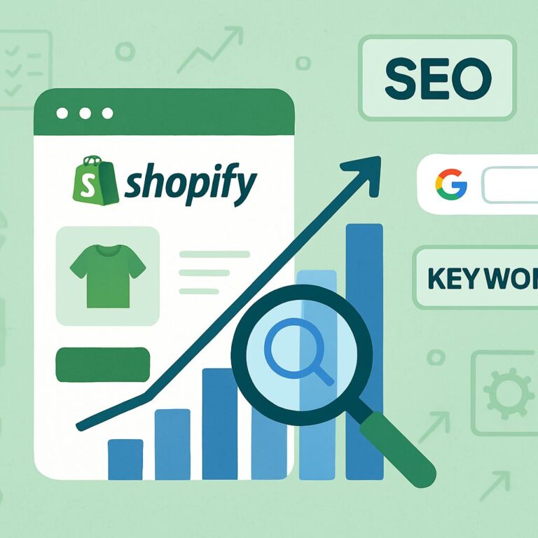 Illustration of a Shopify online store dashboard with rising SEO charts, keyword icons, Google search elements, and optimization checklists in green, white, and blue tones representing SEO growth and strategy
