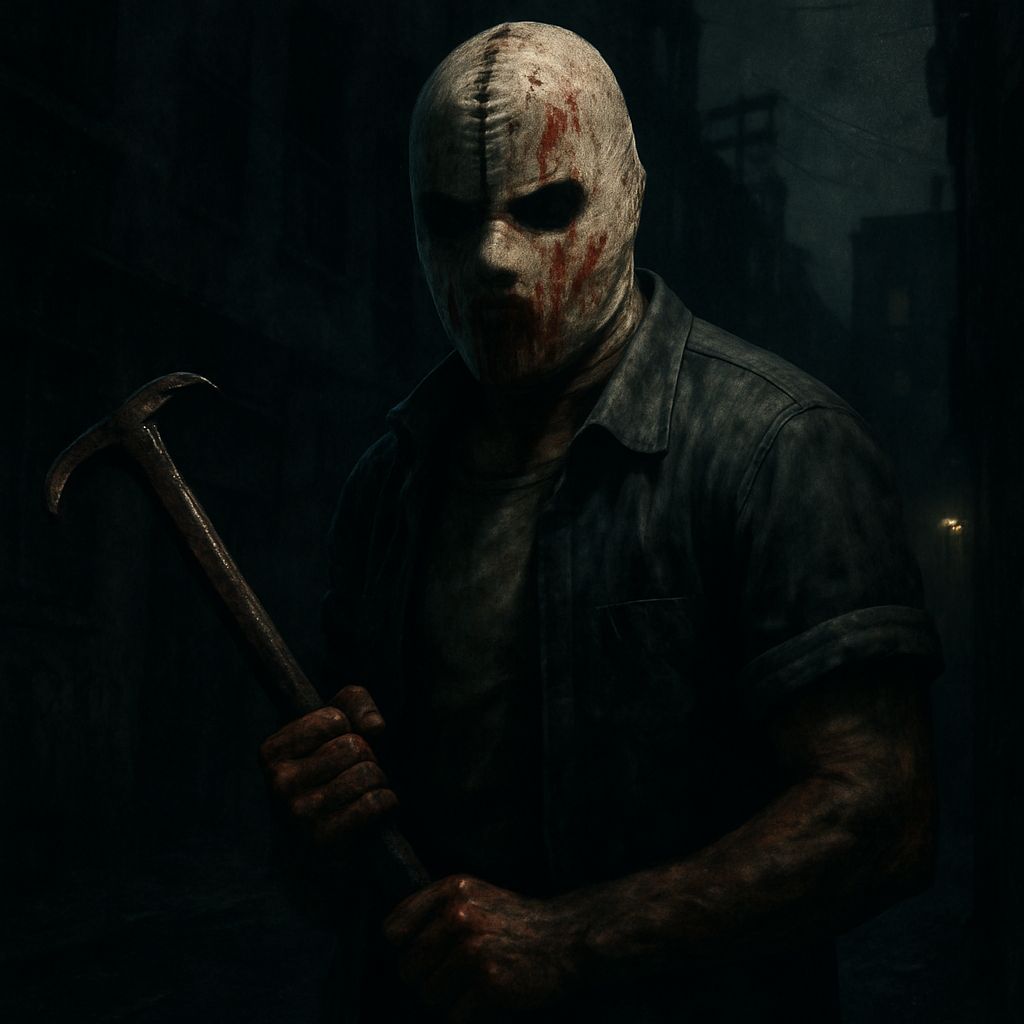 A dark, gritty image depicting the main character from Manhunt in a tense, urban environment—wearing a blood-stained mask and holding a weapon—shrouded in shadows to reflect the horror and controversy of the game.