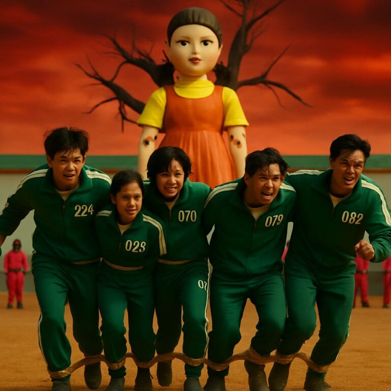 Squid Game Season 2 Six-Legged Pentathlon game featuring players tied together racing under the watchful eyes of the robotic doll Young-hee.