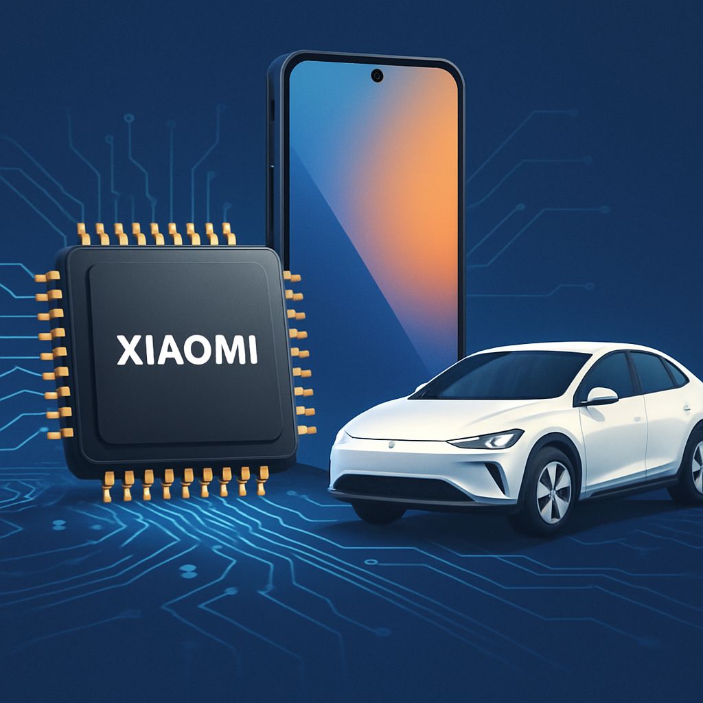 Conceptual illustration of Xiaomi chip investment showcasing a Xiaomi-branded semiconductor alongside a futuristic smartphone and electric vehicle, symbolizing tech innovation and integration.