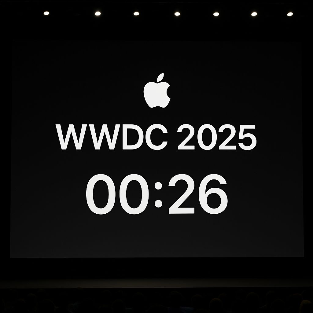 WWDC 2025 keynote screen with countdown timer