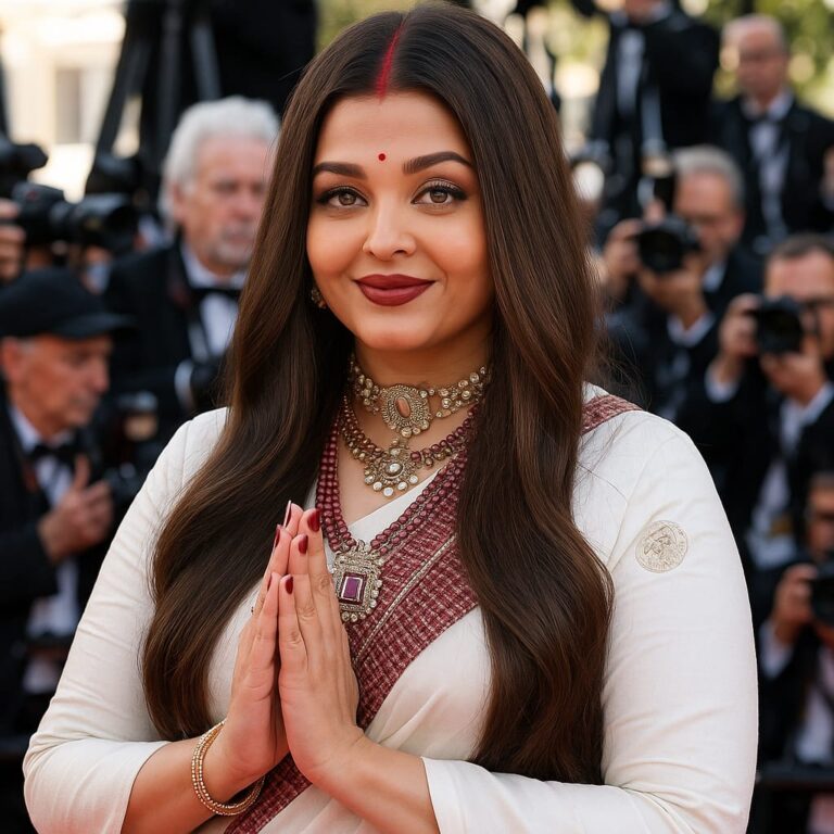 Aishwarya Rai at Cannes 2025 wearing an ivory sari with sindoor, posing on the red carpet at the premiere of The History of Sound.