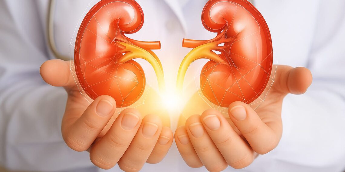 Intermittent fasting and kidney health: Illustration of healthy kidneys with a fasting timer