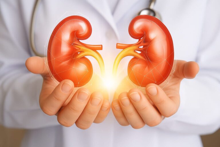 Intermittent fasting and kidney health: Illustration of healthy kidneys with a fasting timer