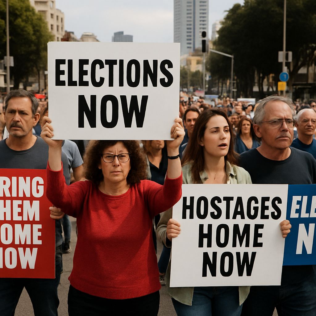 Protesters holding banners in Tel Aviv with slogans demanding action on hostages and elections