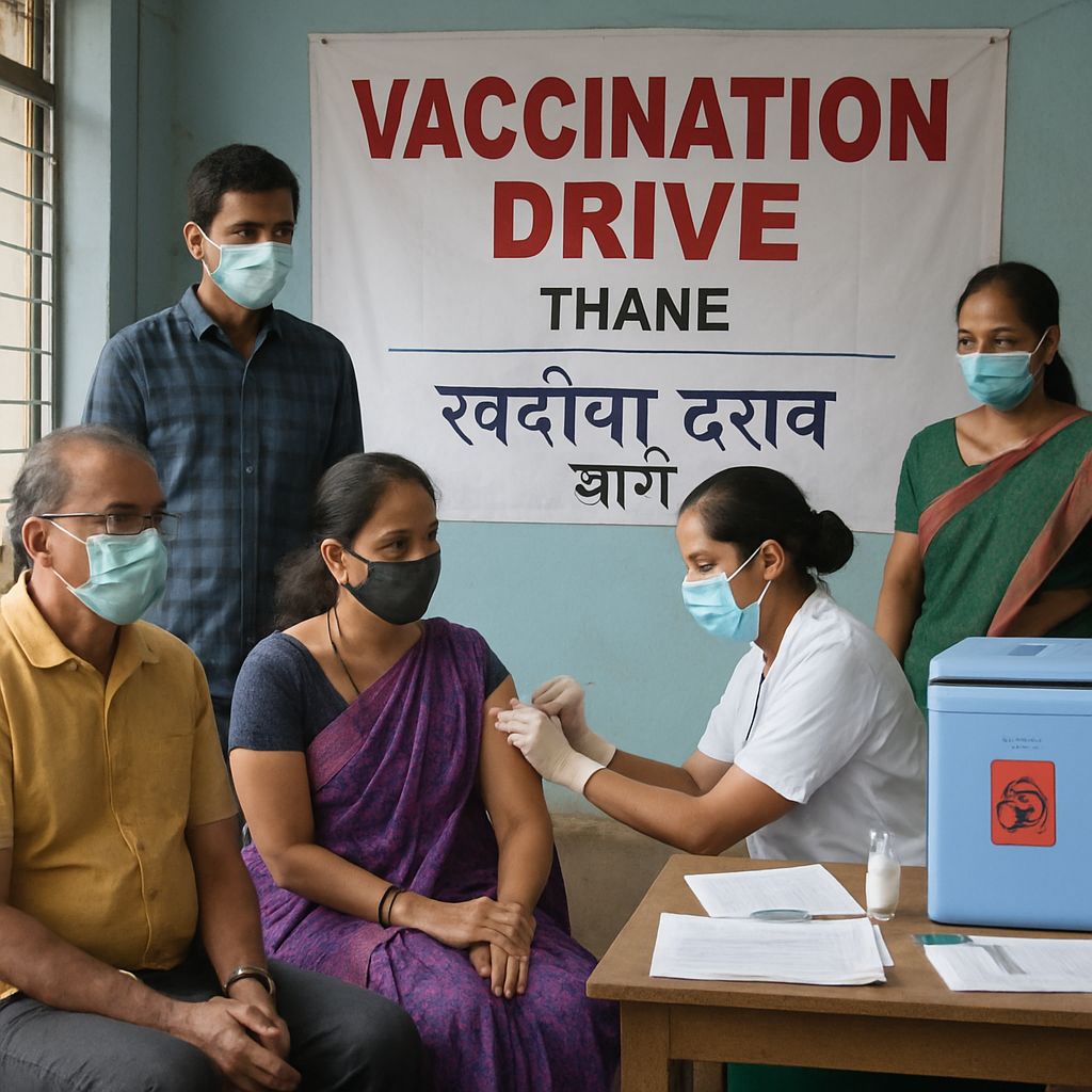 Thane Municipal Corporation's COVID-19 vaccination drive with healthcare workers administering vaccines to residents in 2025
