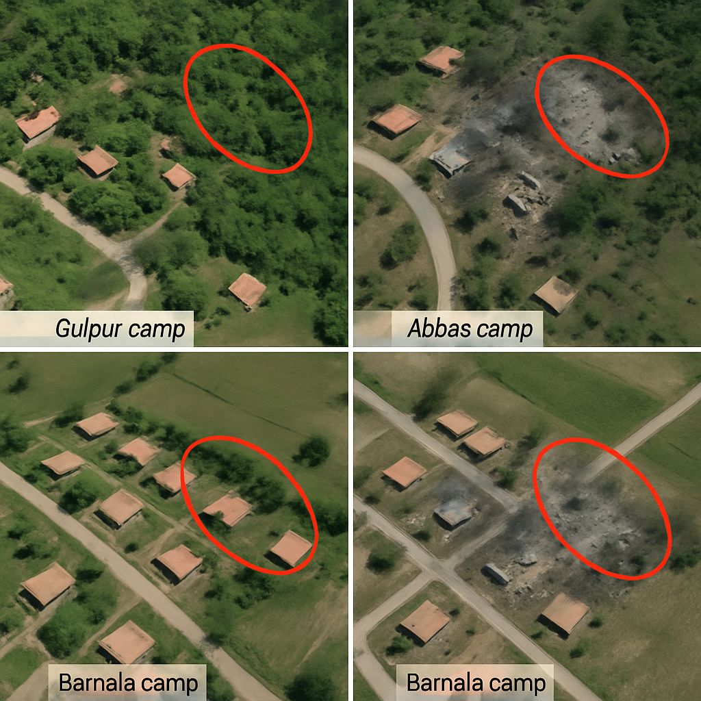 Photo collage of Gulpur, Abbas, and Barnala terror camps before and after PM Modi Operation Sindoor strike, showing key impact zones with red markers