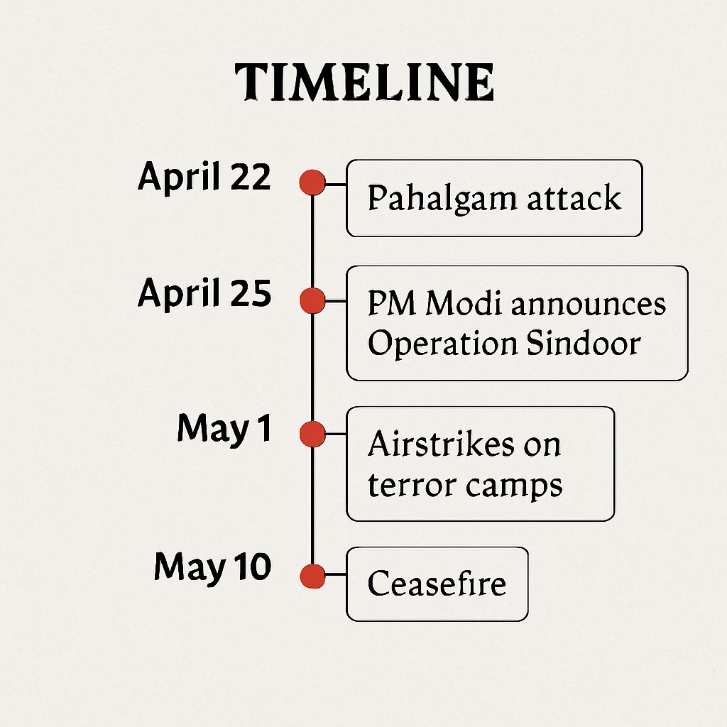 Timeline graphic showing key events from April 22 Pahalgam attack to May 10 ceasefire during PM Modi Operation Sindoor