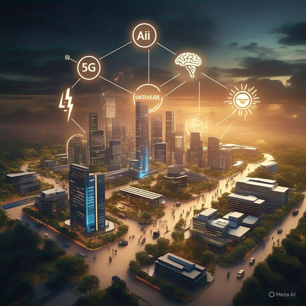 India's digital infrastructure growth with 5G, AI, and renewable energy, symbolizing the tech transformation discussed by Sharad Pawar and Gautam Adani