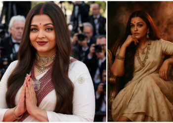 Aishwarya Rai stunned in an ivory saree in her first look at the 2025 Cannes Film Festival. The actor wore vermilion on her forehead and blew flying kisses.