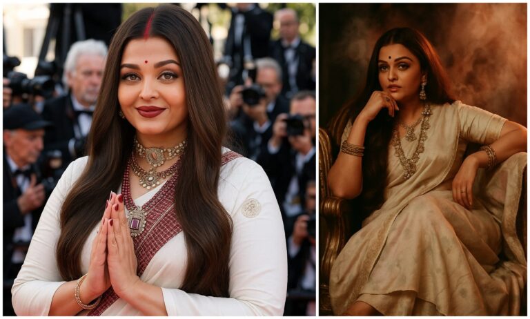 Aishwarya Rai stunned in an ivory saree in her first look at the 2025 Cannes Film Festival. The actor wore vermilion on her forehead and blew flying kisses.