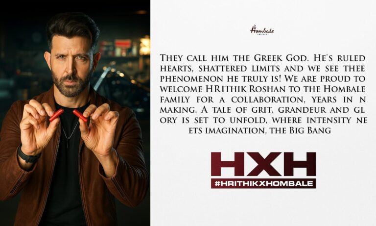 Hrithik Roshan teams up with Hombale Films for a pan-India action movie project poster featuring intense cinematic visuals and nationwide appeal.