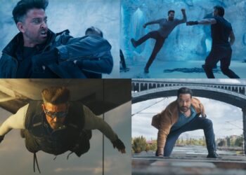 War 2 teaser poster featuring Hrithik Roshan, Jr NTR, and Kiara Advani in intense action scenes from the YRF Spy Universe film