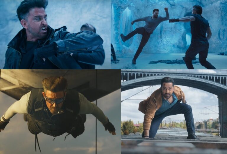 War 2 teaser poster featuring Hrithik Roshan, Jr NTR, and Kiara Advani in intense action scenes from the YRF Spy Universe film