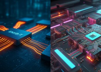 EMIB-T Silicon Bridge technology linking chiplets for high-speed AI and data center processing, showcasing the future of efficient chip integration and modular design.