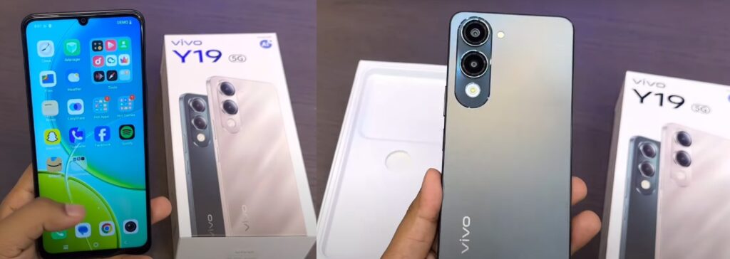 Front and back view of Vivo Y19 5G in Titanium Silver and Majestic Green colors