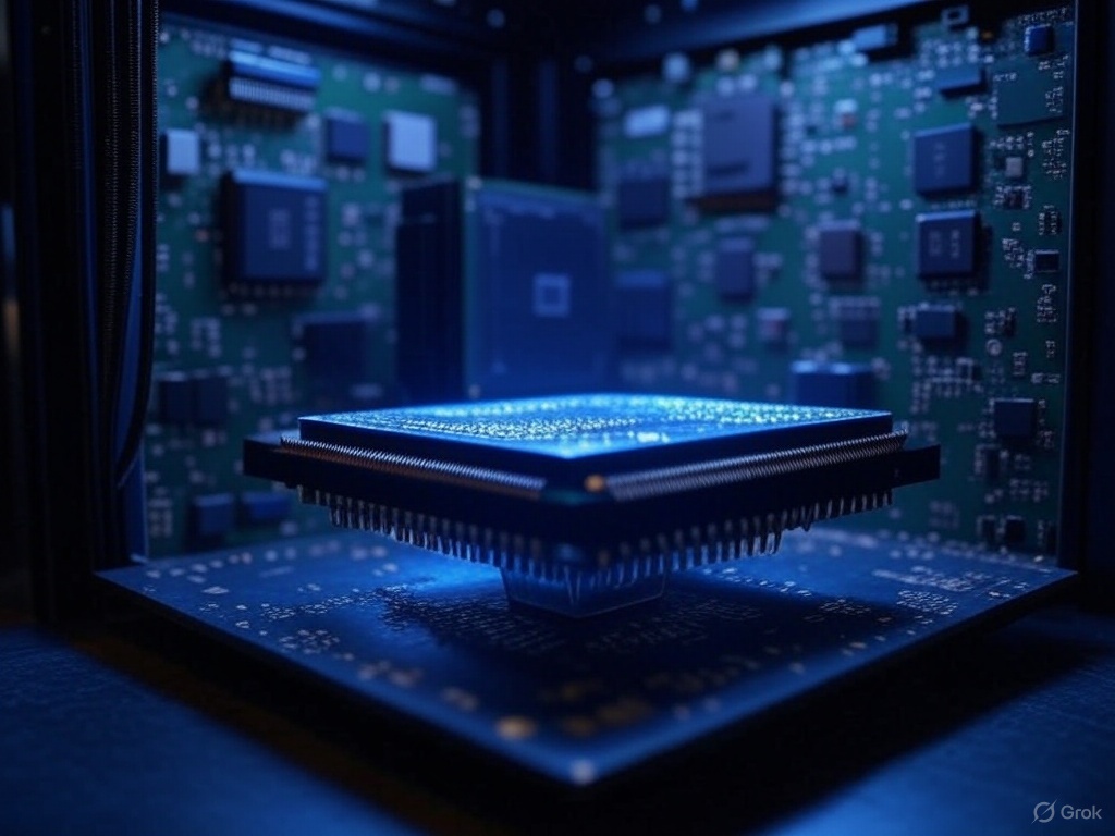 Futuristic concept of Quantum Computer India with tech park and India map backdrop