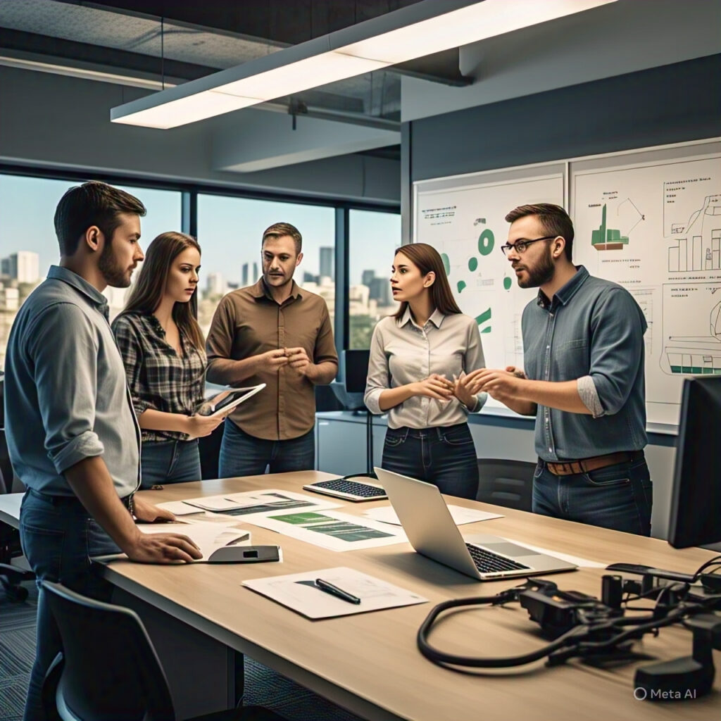 Diverse team collaborating on AI-powered farm management software.