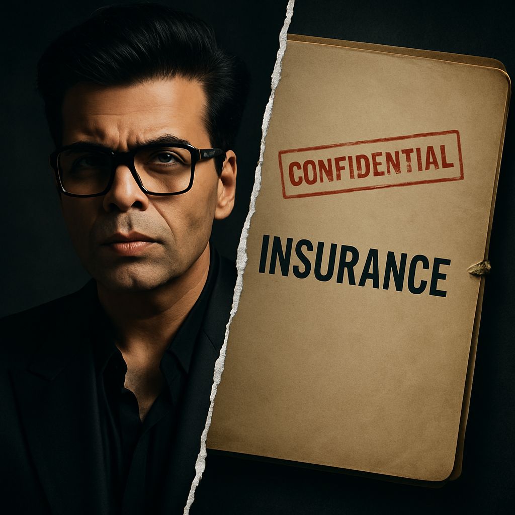Dramatic split image of Karan Johar with a confidential insurance file highlighting face insurance rumour