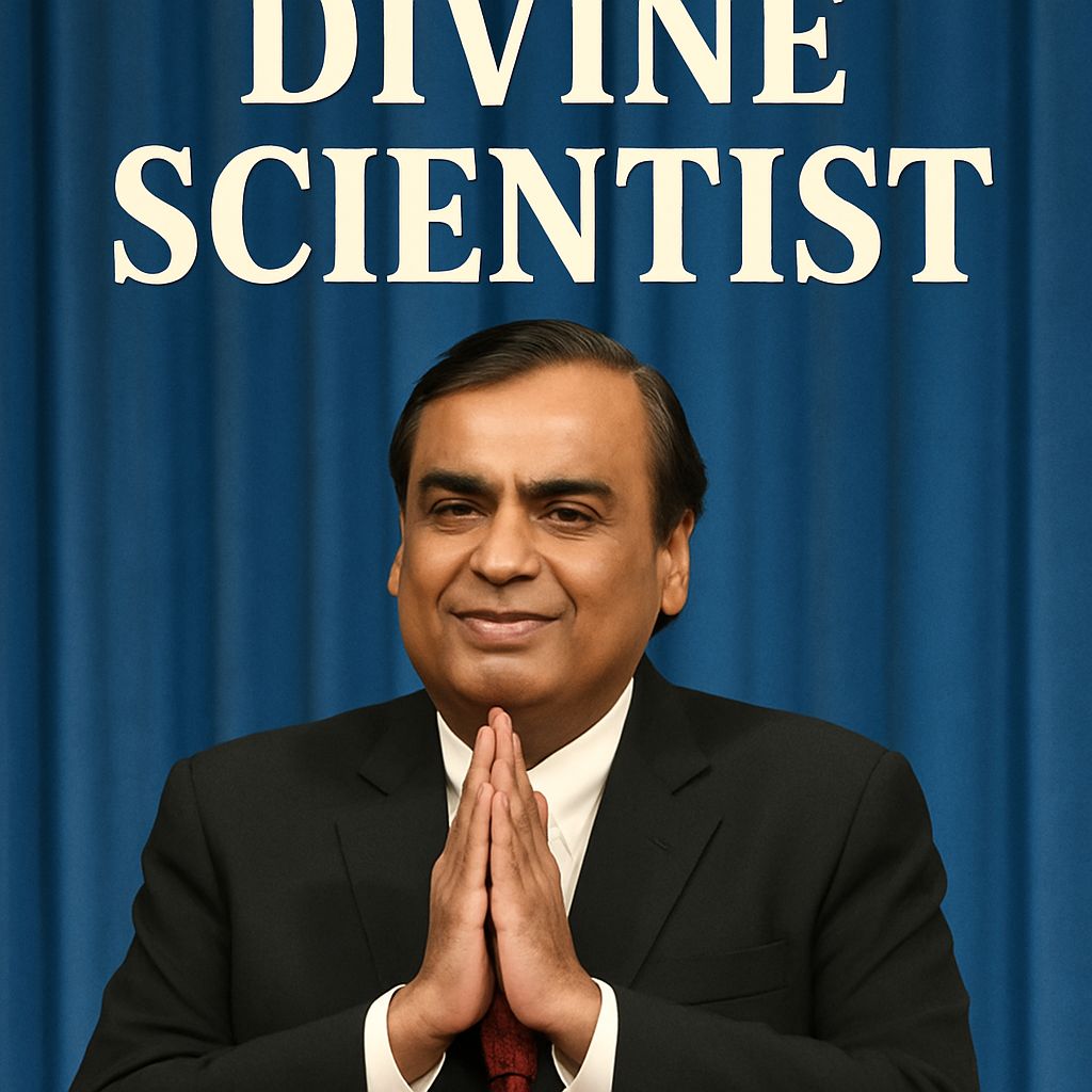 Book cover of The Divine Scientist and event photo featuring Mukesh Ambani unveiling the biography at ICT Mumbai