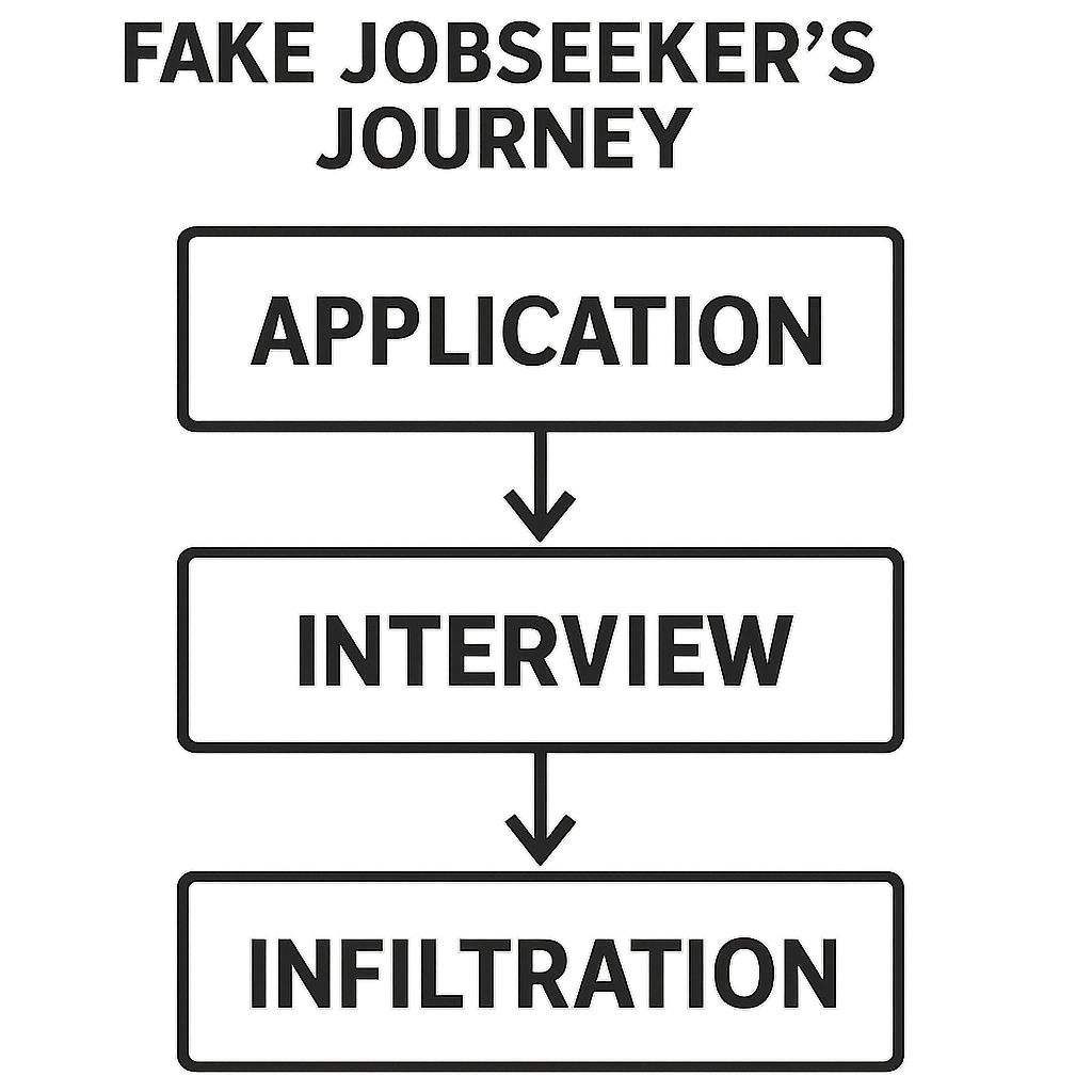 Flowchart illustrating the journey of Fake AI Jobseekers from job application to interview and eventual system infiltration.