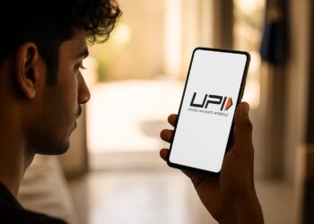 Illustration showing cybersecurity as a default setting in India, with AI shields protecting users from UPI scams, phishing links, and fake loan apps across mobile and network platforms.