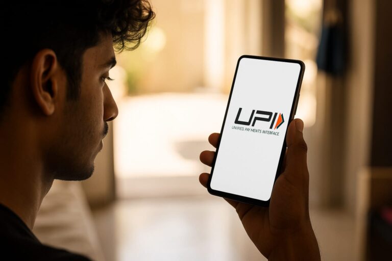 Illustration showing cybersecurity as a default setting in India, with AI shields protecting users from UPI scams, phishing links, and fake loan apps across mobile and network platforms.