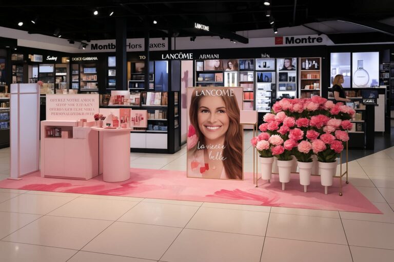 Lancôme Smile to the Power of Flowers airport activation showcasing floral art, personalized beauty, and emotional travel retail experience