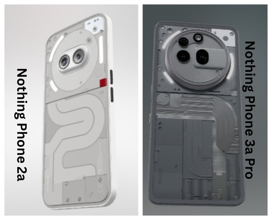 Side-by-side visual comparison of Nothing Phone 3a Pro and Nothing Phone 2a showcasing differences in design, Glyph interface, and rear camera layout. 