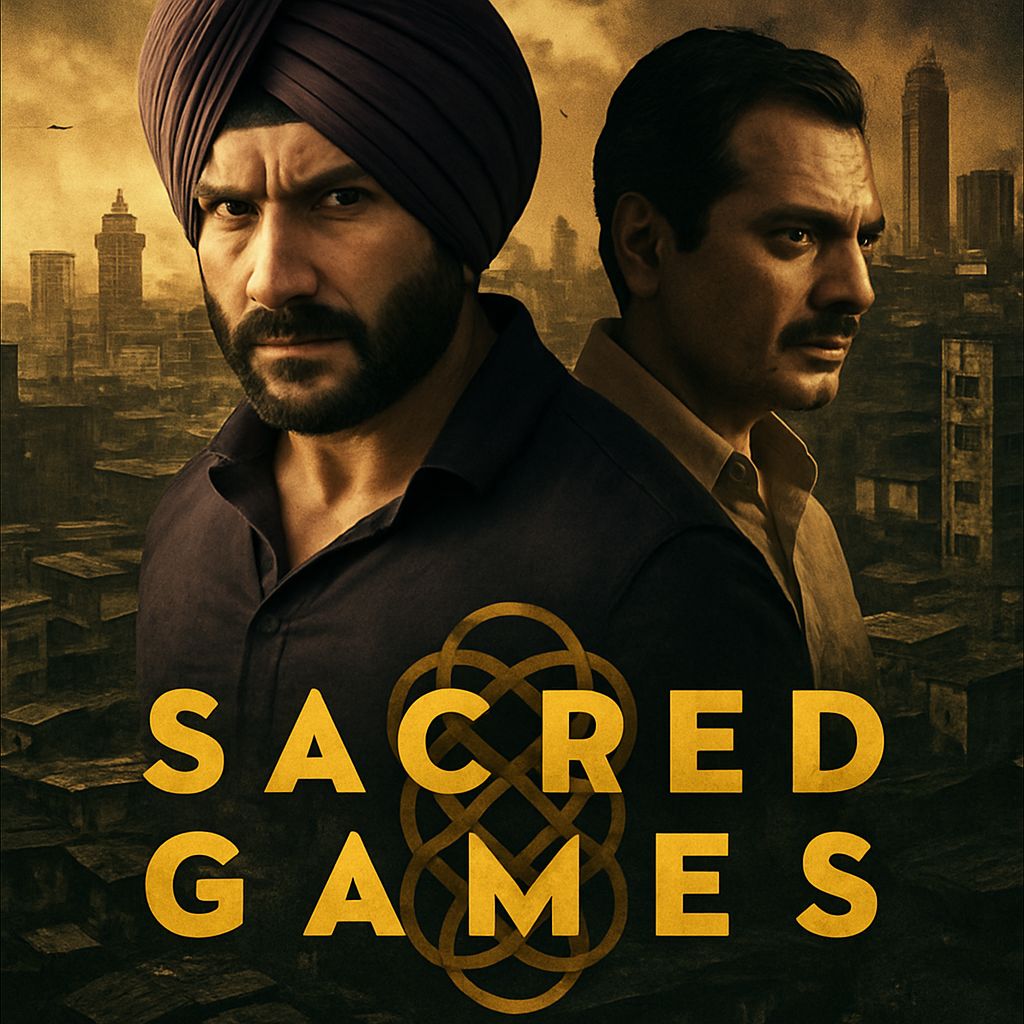 Sacred Games promotional poster featuring the lead characters against a gritty, dark Mumbai cityscape background.