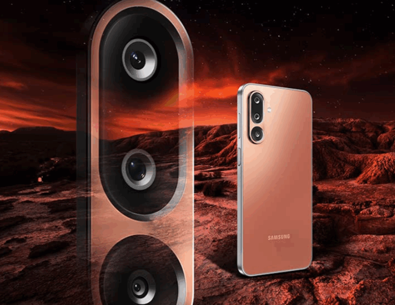 Samsung Galaxy M36 5G smartphone in Orange Haze color showcasing its sleek design, triple rear cameras, and 6.7-inch AMOLED display.