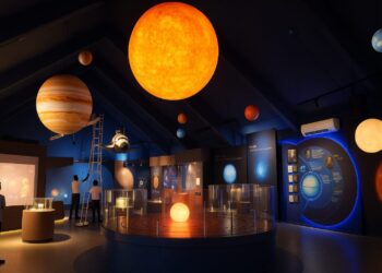 Visitors exploring interactive space exhibits at the Astronomy Gallery Kozhikode inside the Regional Science Centre and Planetarium