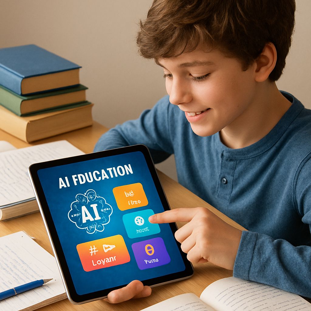 Student using a tablet with AI-powered educational apps, surrounded by books — showcasing AI in Education 2025