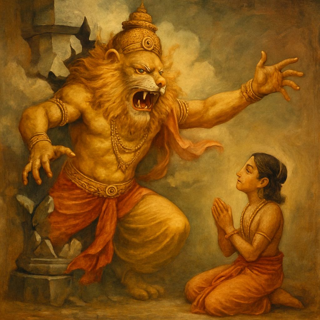 Mahavatar Narsimha protecting Prahlad by defeating the demon king