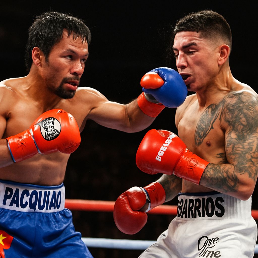 Side-by-side action shot of Manny Pacquiao vs. Mario Barrios exchanging punches during their intense 2025 boxing match.


