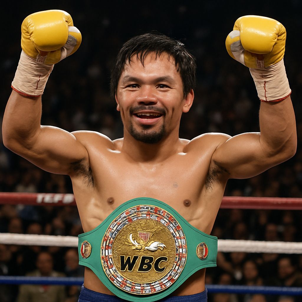 Manny Pacquiao celebrating post-fight victory over Mario Barrios, holding the WBC Welterweight Title belt high after his 2025 comeback win.

