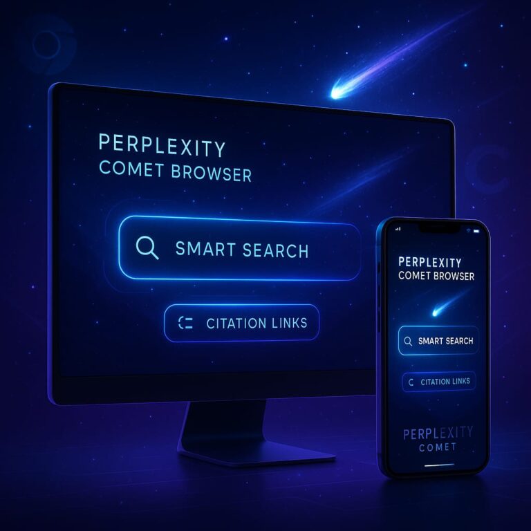 Perplexity Comet Browser futuristic AI interface on phone and desktop with comet graphic