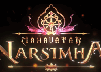 Artistic depiction of Mahavatar Narsimha, the fierce lion-headed avatar of Vishnu, radiating divine energy and protecting a devotee from demonic forces in a cosmic setting.